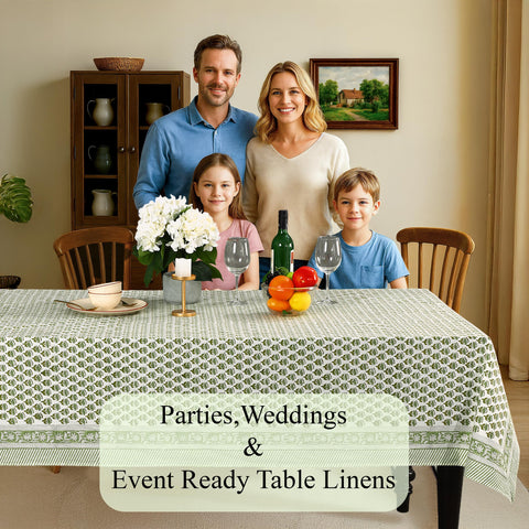 CPC Cotton Print Club machine-washable tablecloth offers easy care.