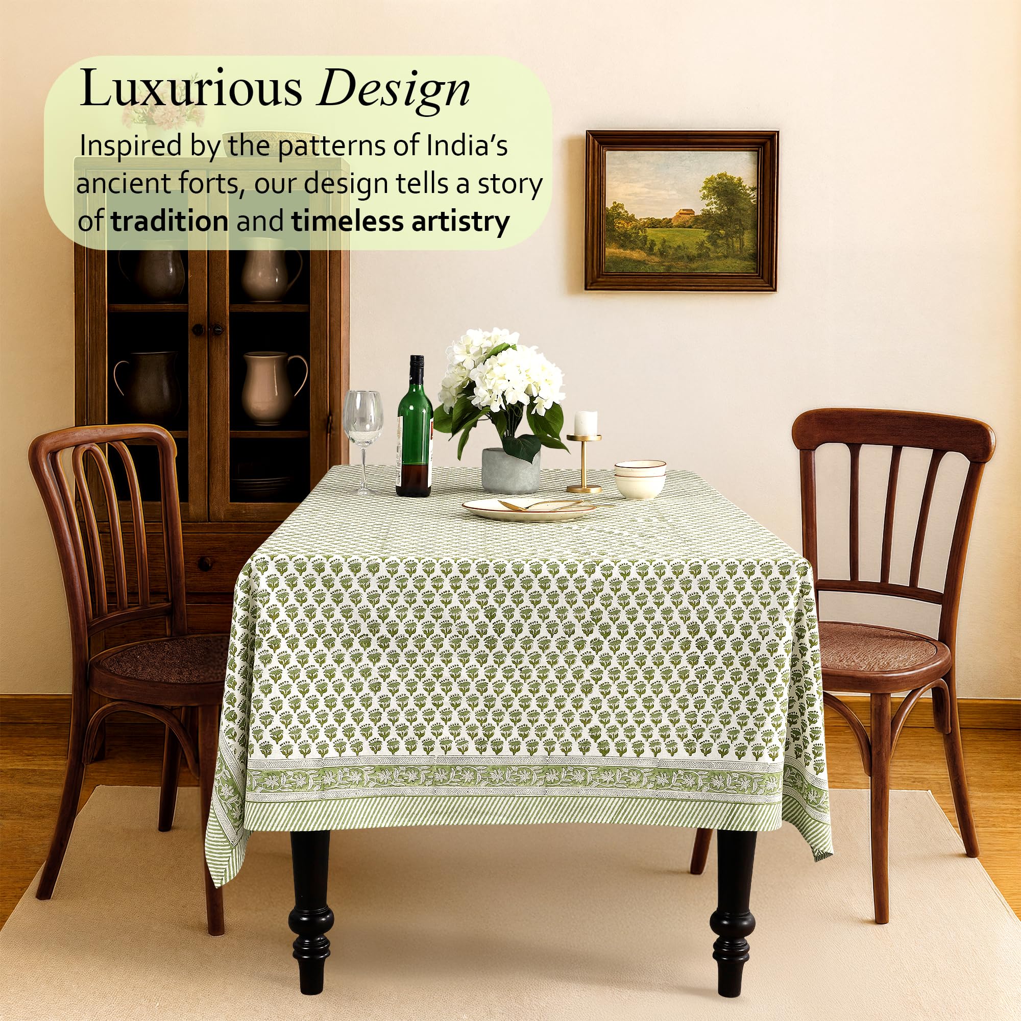 CPC Cotton Print Club rectangular table setting with vibrant emerald green color.