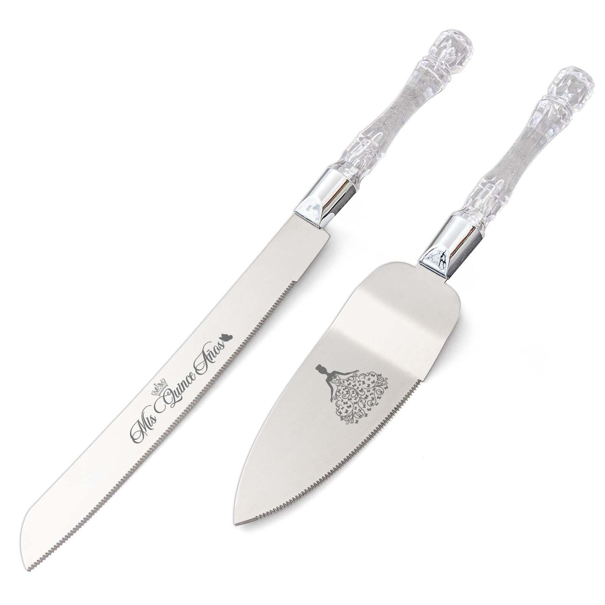 CQNET Mis Quince Años knife with embossed design for elegant cake cutting