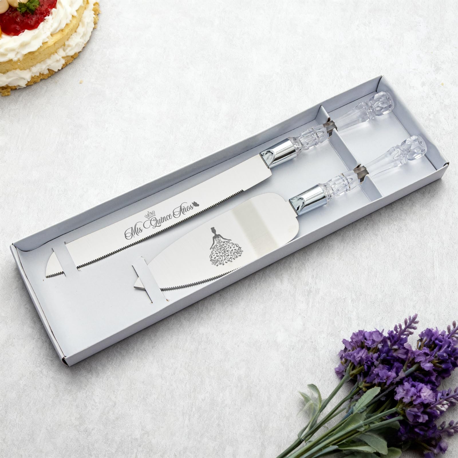 CQNET stainless steel knife and server set ready for celebration use