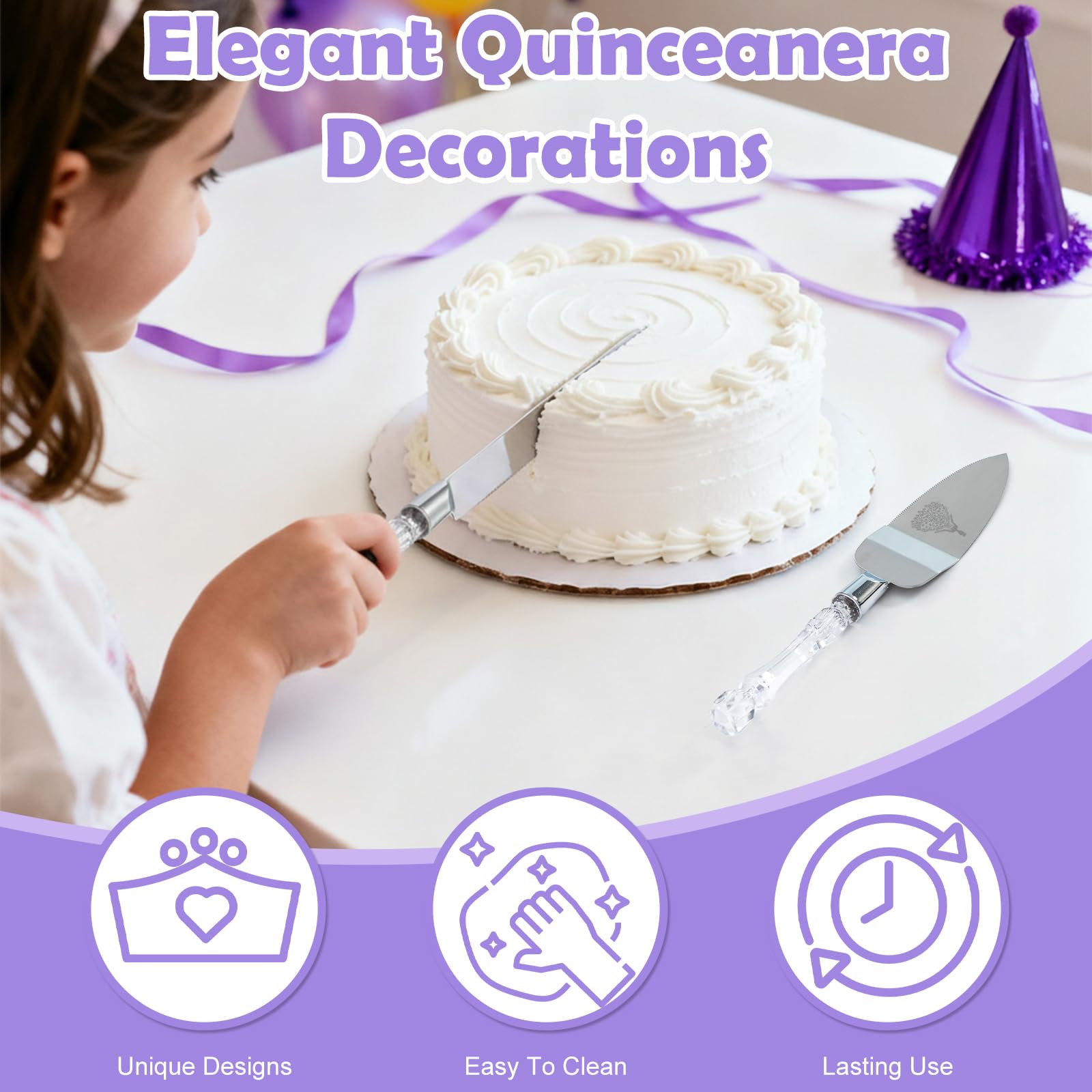 CQNET silver quinceanera cake knife, 12.9 inches, for smooth cutting