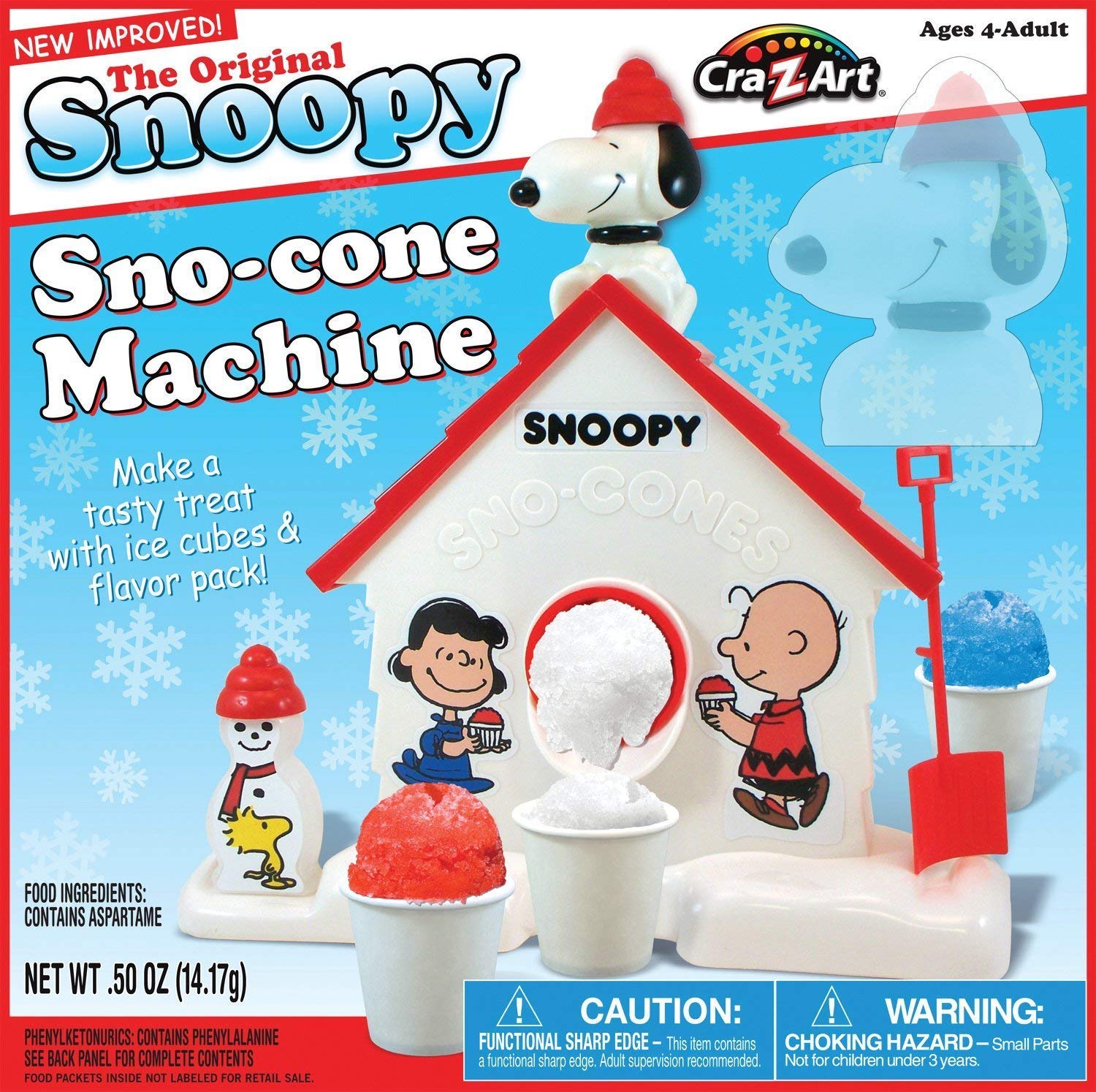 Cra-Z-Art Snoopy Sno-Cone Maker with crank for easy shaved ice and fun toppings.