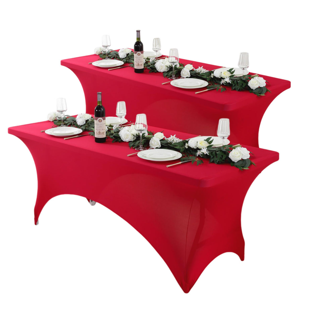 Craft And Party 2 Pack 6ft red spandex tablecloth neatly draping a folding table