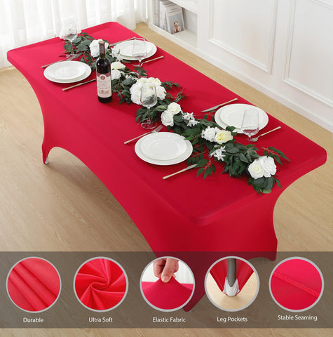 Craft And Party 2 Pack red spandex tablecloth showing secure fit on a table