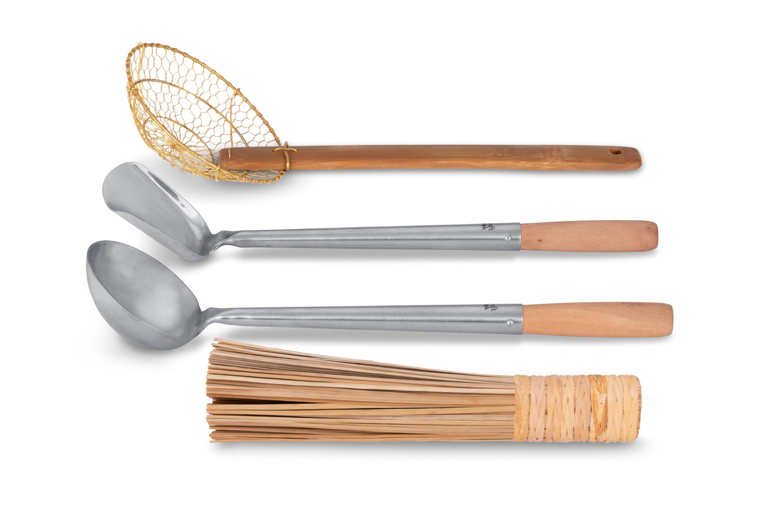 Craft Wok Tools 4pcs Brass Strainer with bamboo handle for safe draining.