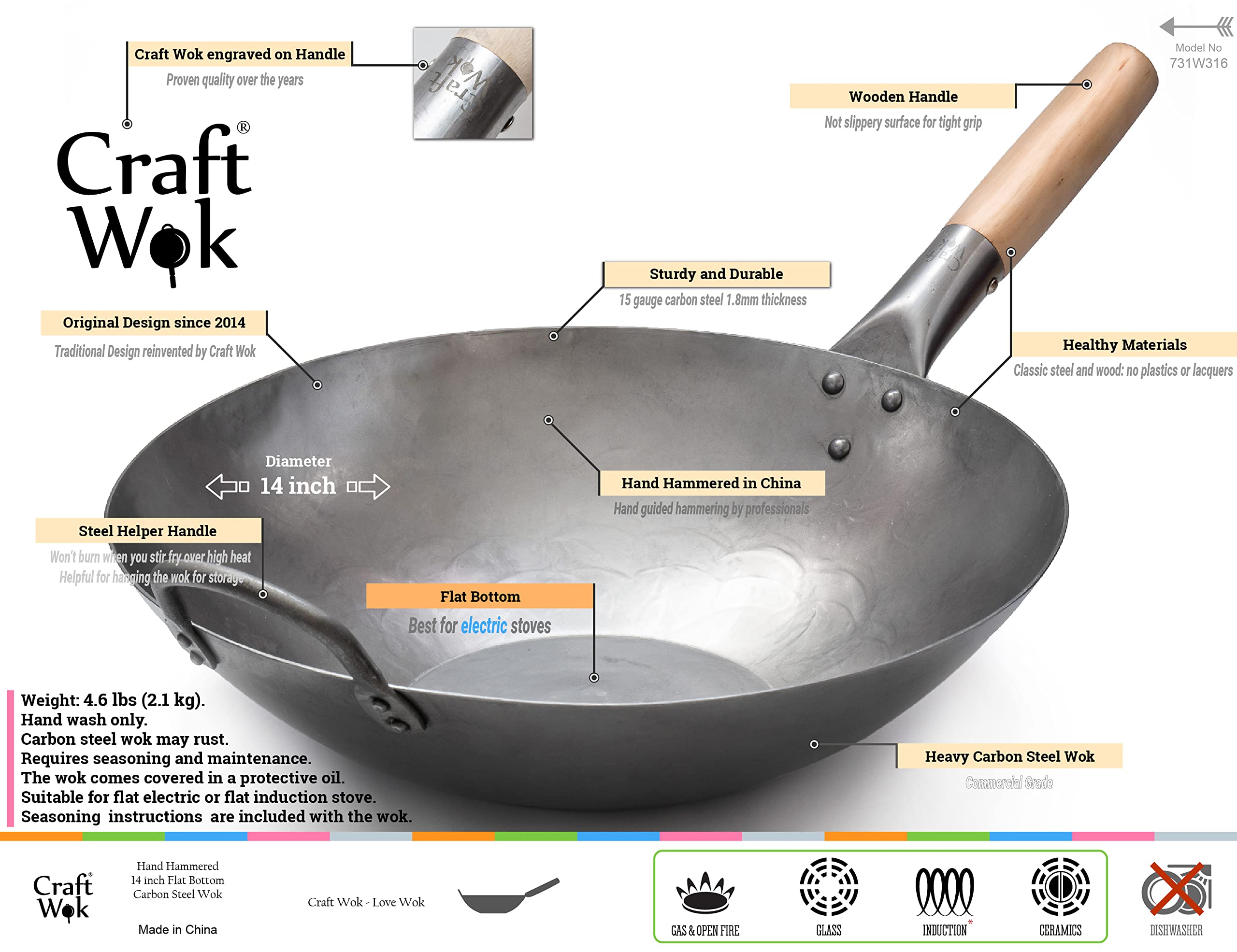 Craft Wok wooden handle close-up showing grip and comfort.