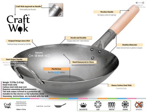 Craft Wok wooden and steel handles provide comfortable grip and stability.