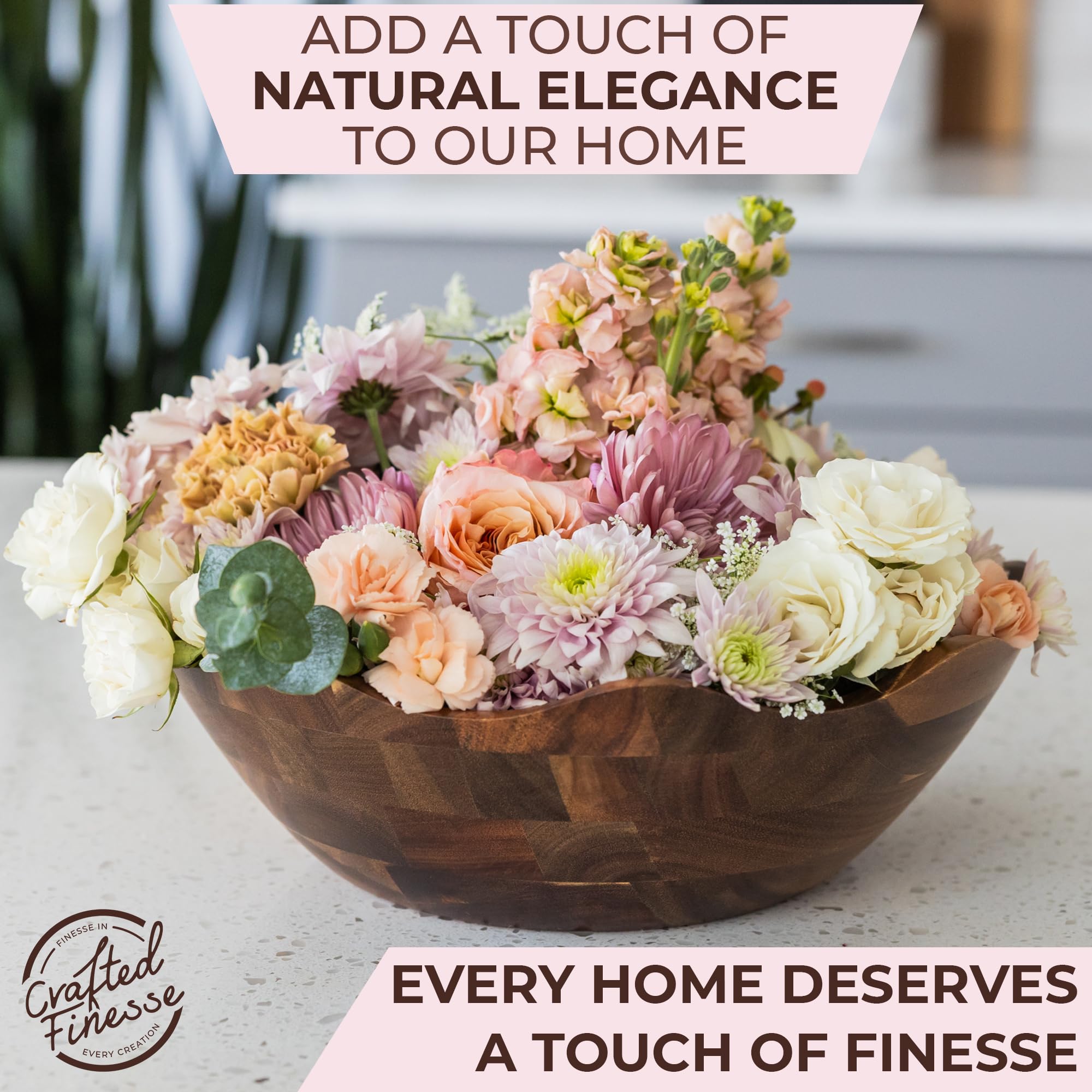 Crafted Finesse acacia bowl close-up reveals durable warm grain.