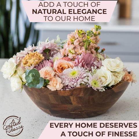 Crafted Finesse acacia bowl close-up reveals durable warm grain.