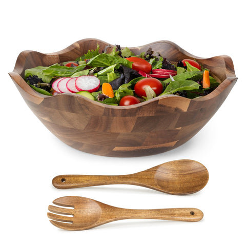 Crafted Finesse wood salad bowl with scalloped rim for elegant serving.