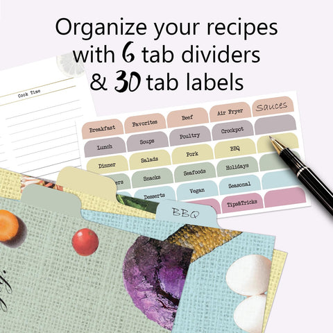 Divider sheets and labeled tabs help organize recipes by category.