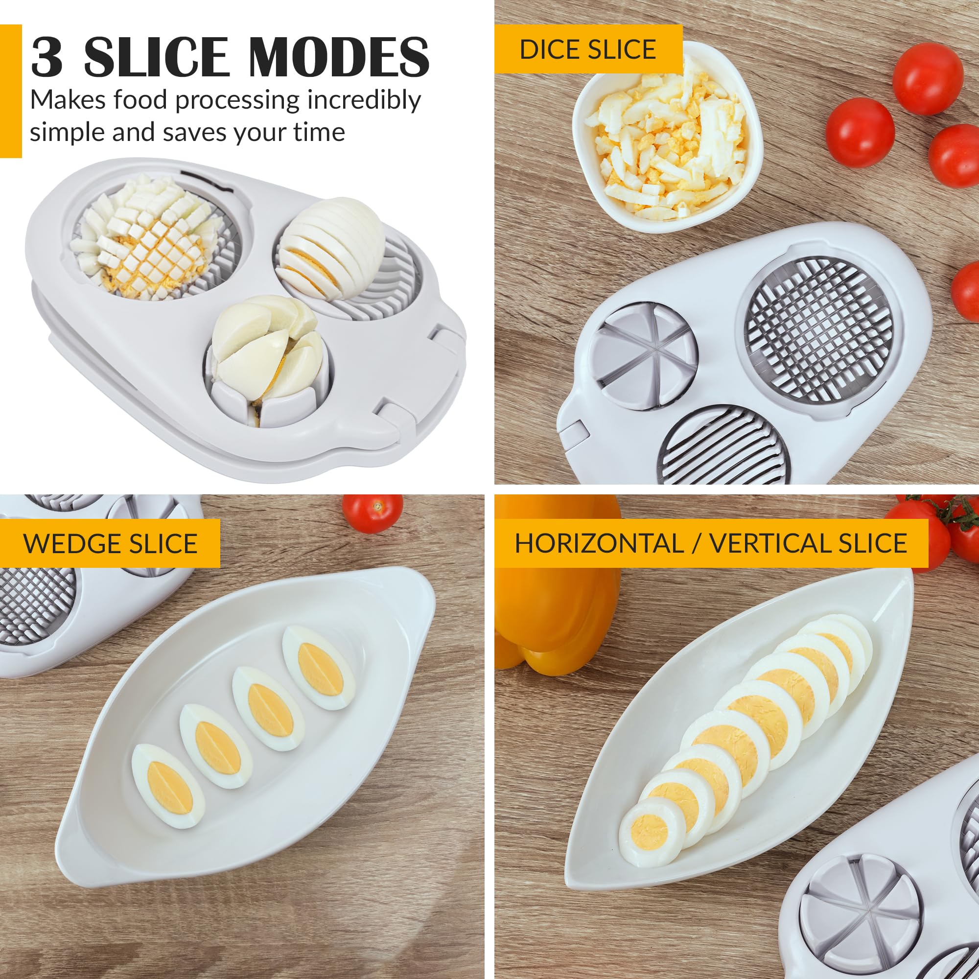 CraftyCrocodile egg slicer shows a receptacle container for easy transport.