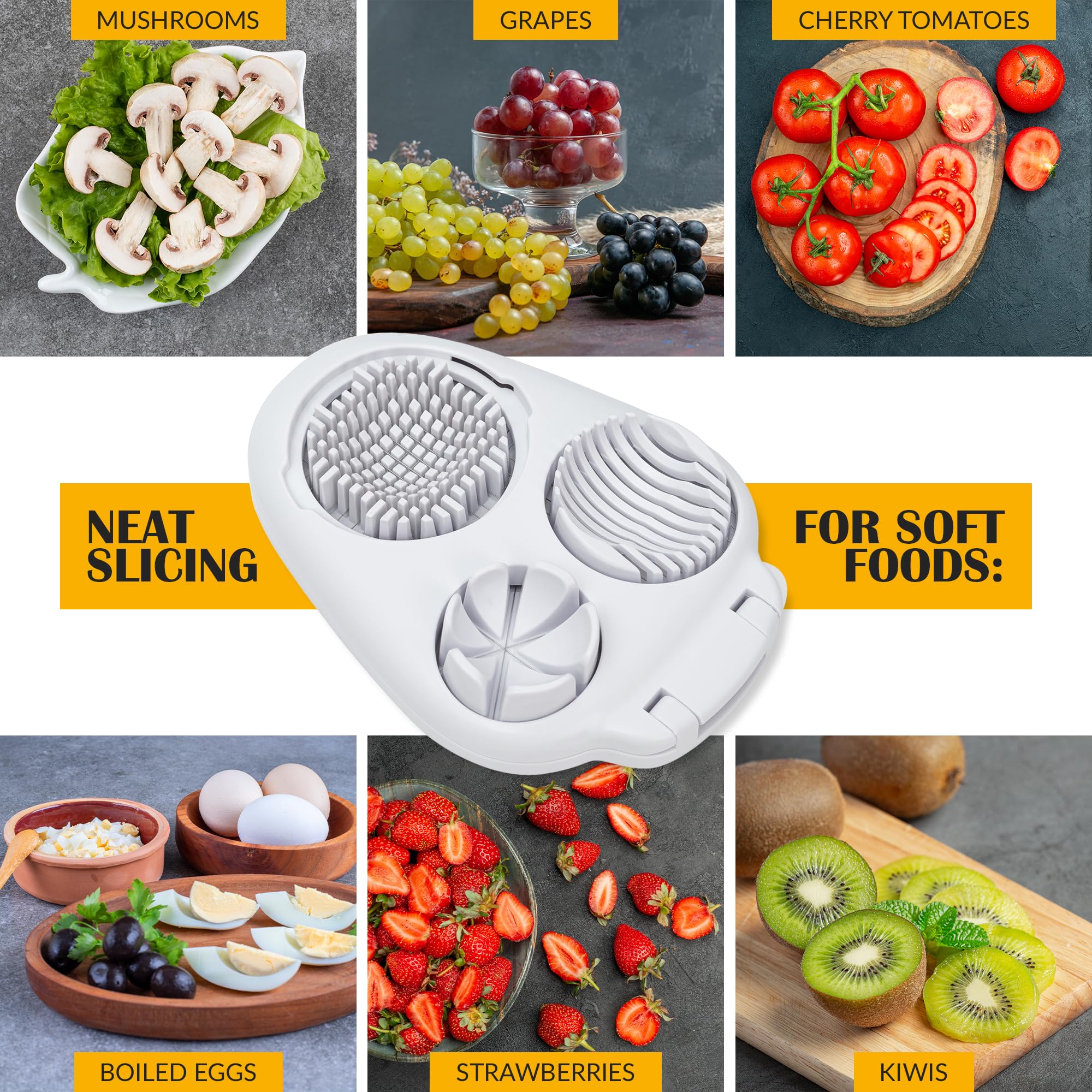 CraftyCrocodile egg slicer handles strawberries, mushrooms, and tomatoes evenly.