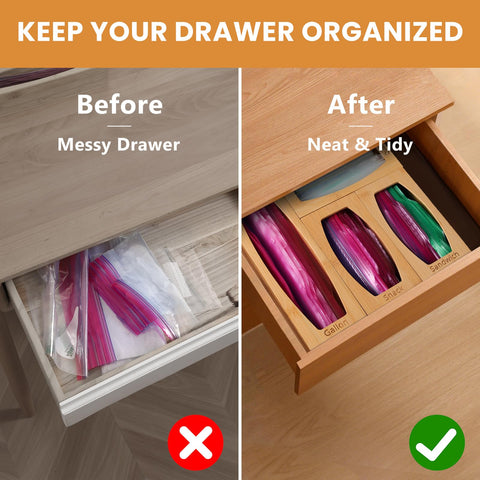 CRAKTH bamboo bag organizer for quart bags maximizes drawer space and order.