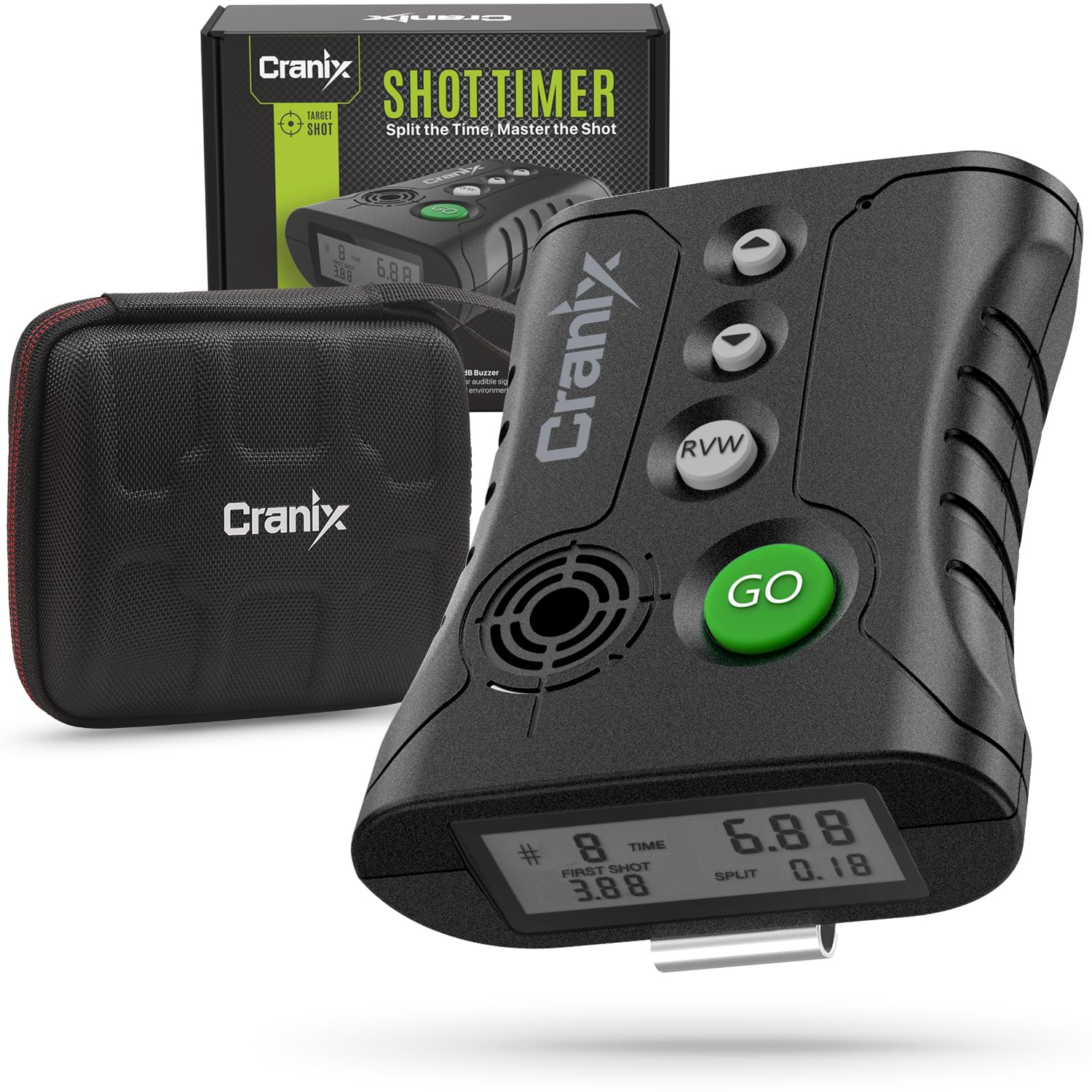 CranixProfessional Shot Timer with ambidextrous recessed buttons for left- and right-handed use.