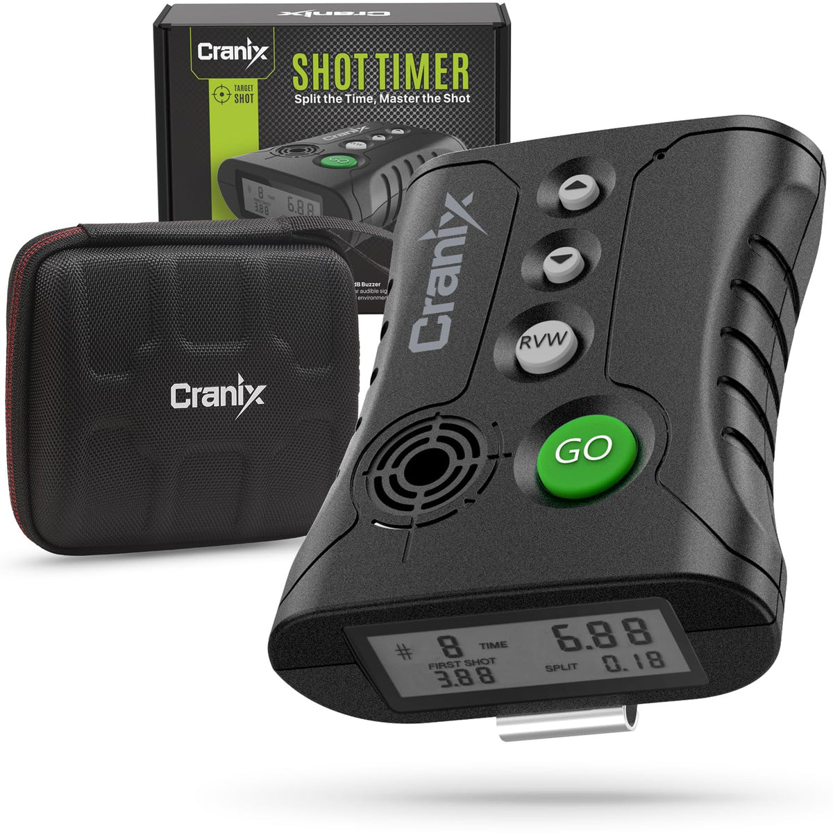 CranixProfessional Shot Timer with ambidextrous recessed buttons for left- and right-handed use.