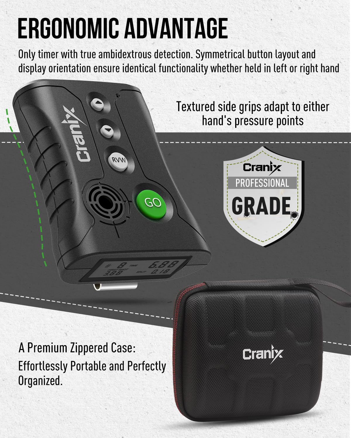 Cranix shot timer with side-mounted microphone for clear detection on noisy ranges.