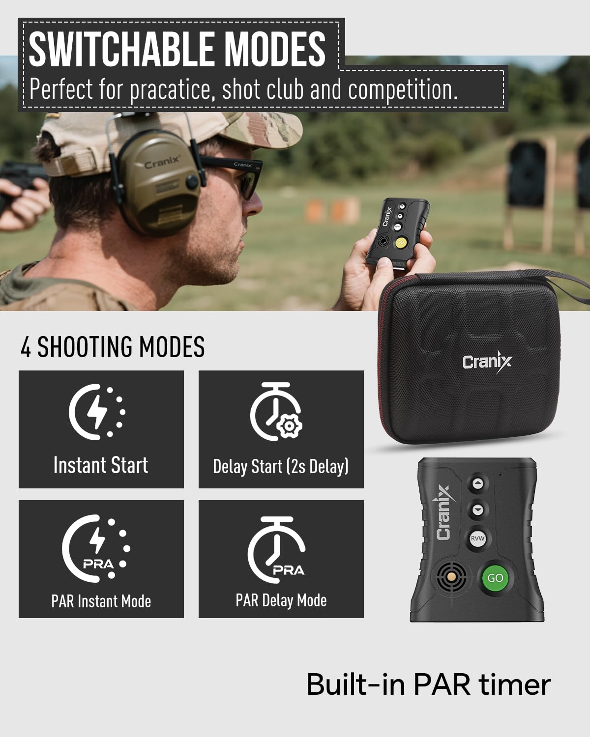 Cranix shot timer with reinforced steel belt clip for secure attachment.