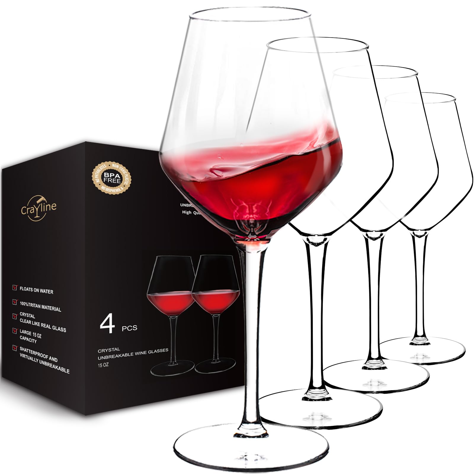 Crayline plastic wine glasses 4-pack with a clear glass-like look for elegant outdoor dining.