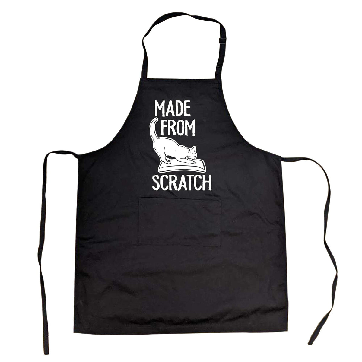 Crazy Dog T-Shirts apron with pocket, front view, cat scratch graphic, ideal for organizing utensils.