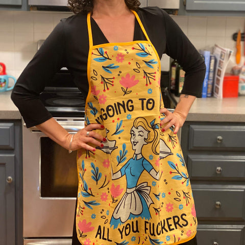 Crazy Dog T-Shirts yellow apron graphic kitchen scene, great for casual home cooks