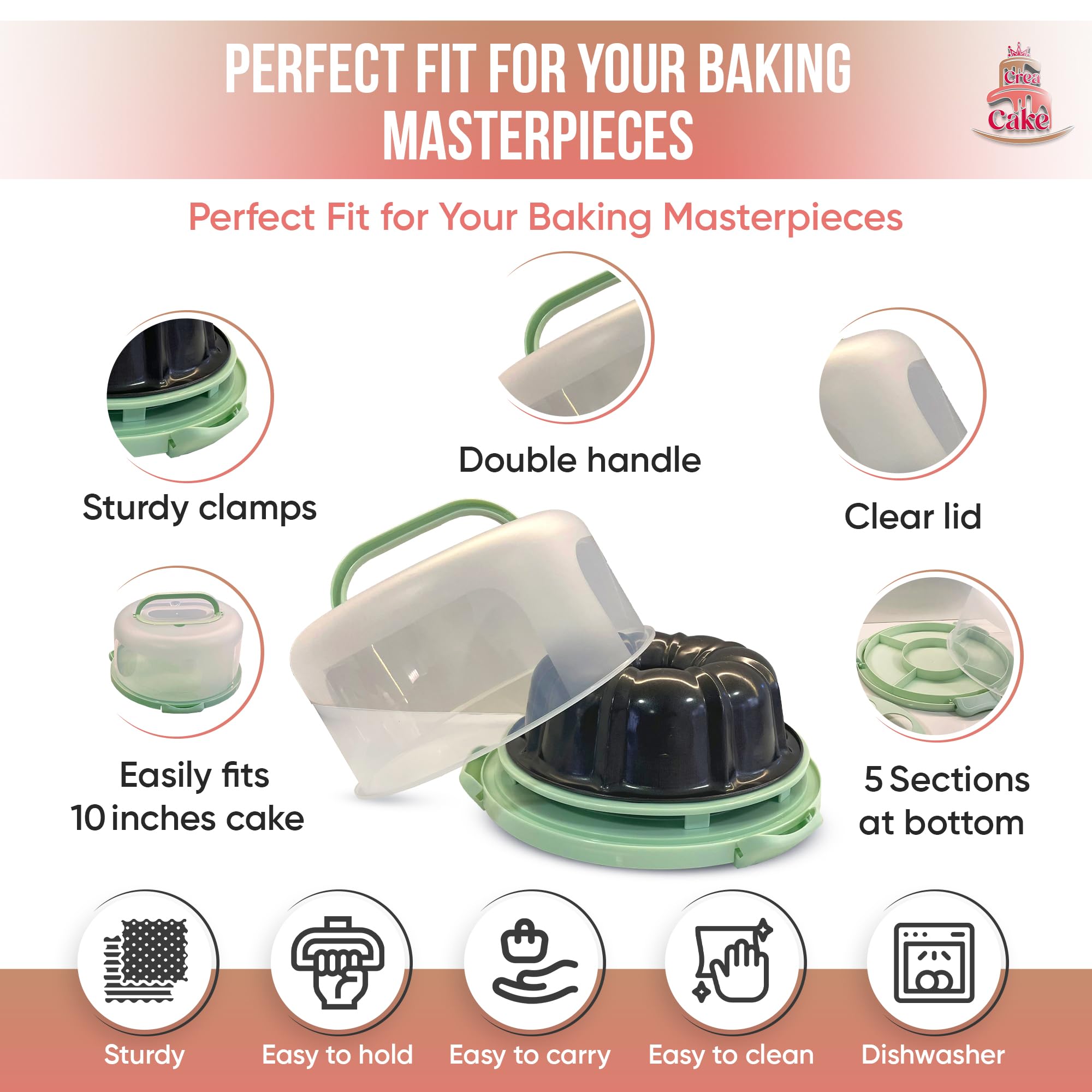 CREACAKE 12 inch cake carrier with lid and handles for secure transport