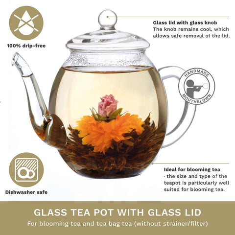 Creano teapot visual with tea flowers brewing beautifully.