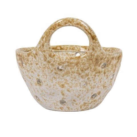 Creative Co-Op beige stoneware colander with comfortable grip handle
