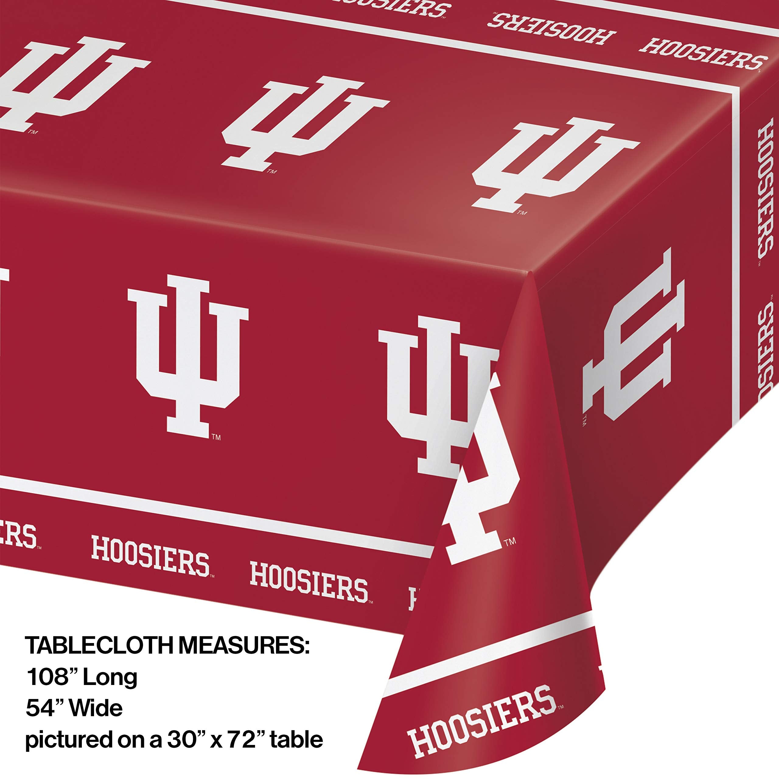 Creative Converting Indiana University tablecloth pattern closeup highlights cream and crimson for team celebrations