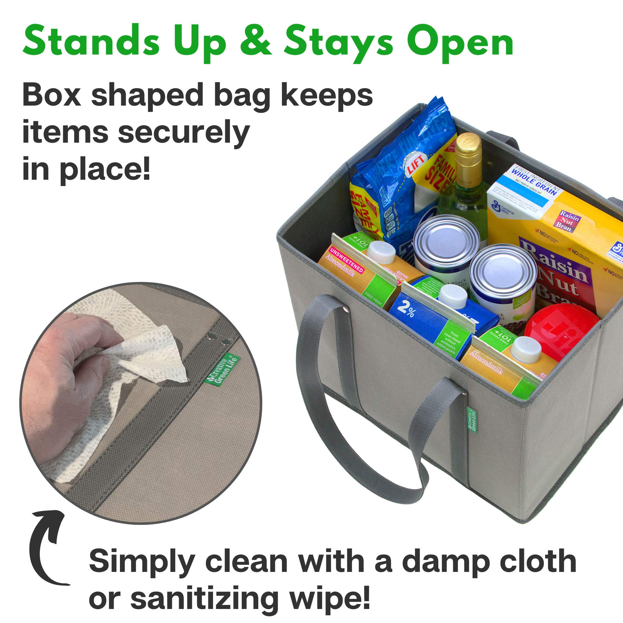 Creative Green Life box-bag stays open for quick loading in crowded aisles.