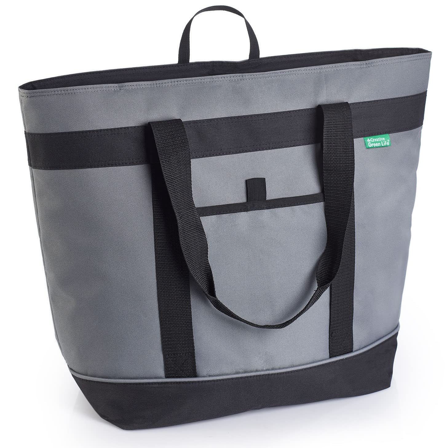 Creative Green Life jumbo insulated cooler bag gray, closed, preserves ice for hours at the beach.