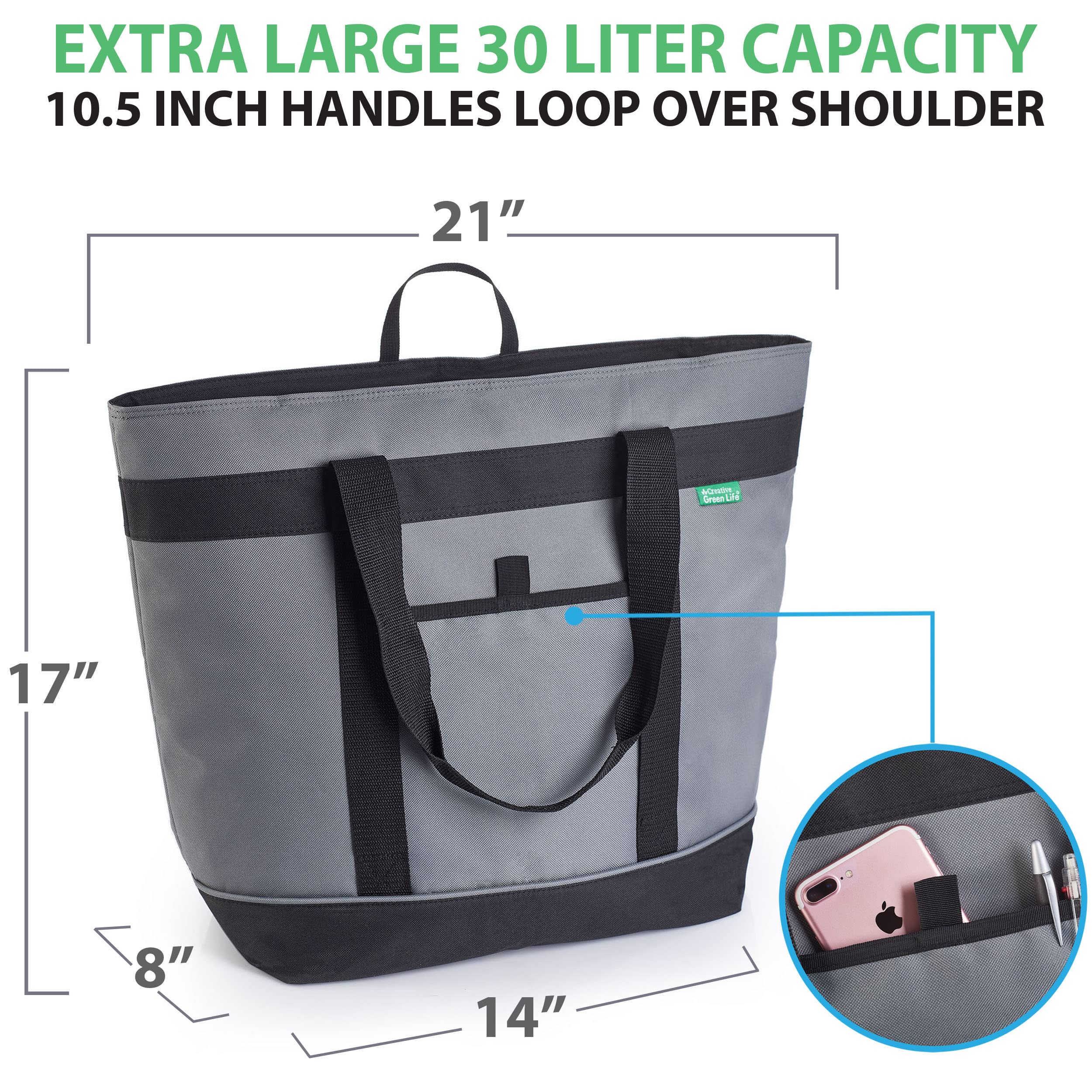 Creative Green Life jumbo insulated cooler bag gray leather-like handles for shoulder carry convenience.