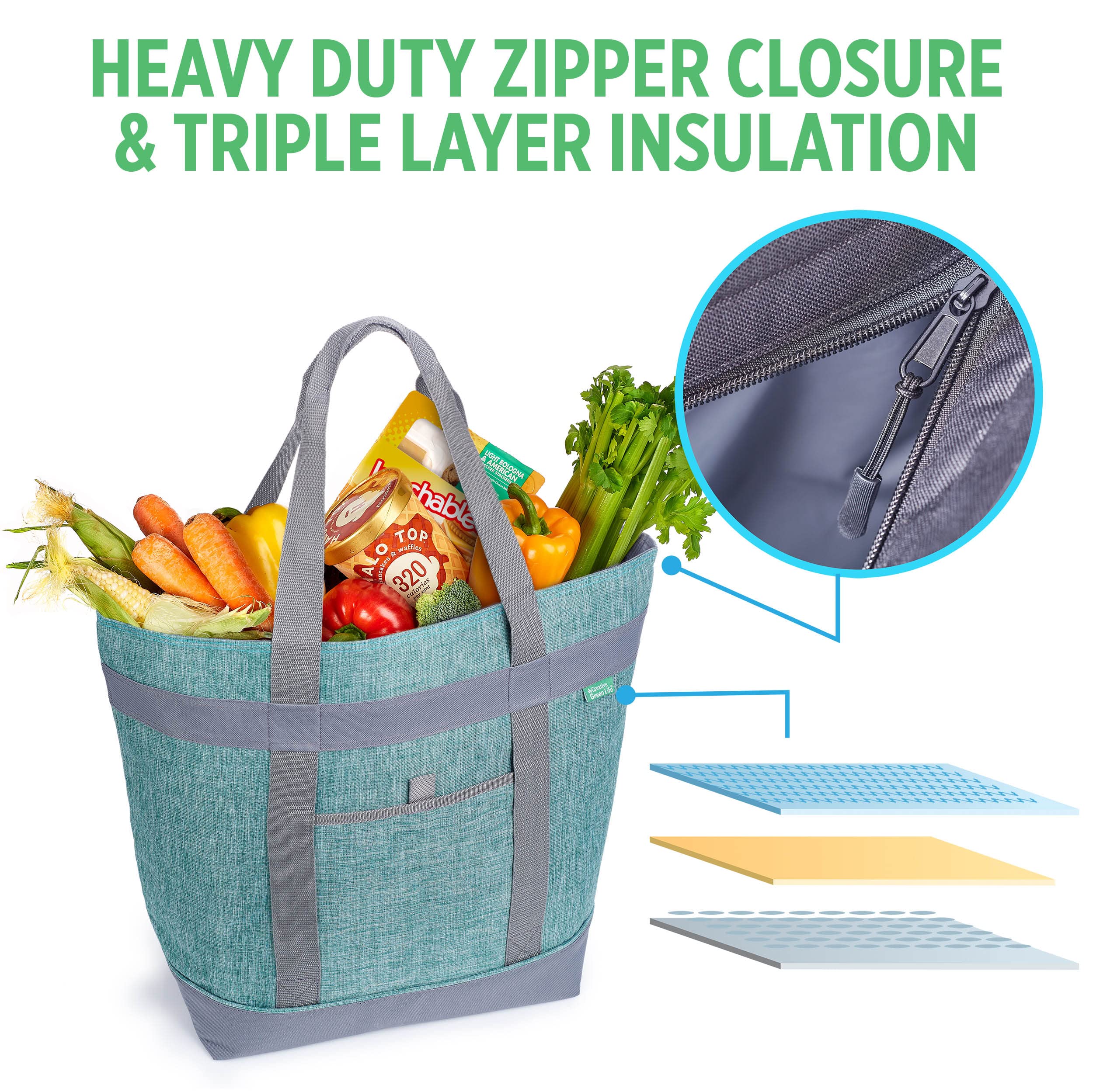 Creative Green Life jumbo cooler bag with leak-resistant liner and heat-welded seams