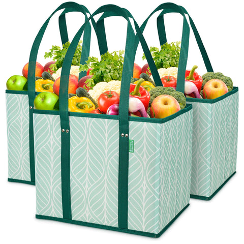 Creative Green Life reusable bags with stand-up box shape for easy loading and unloading.