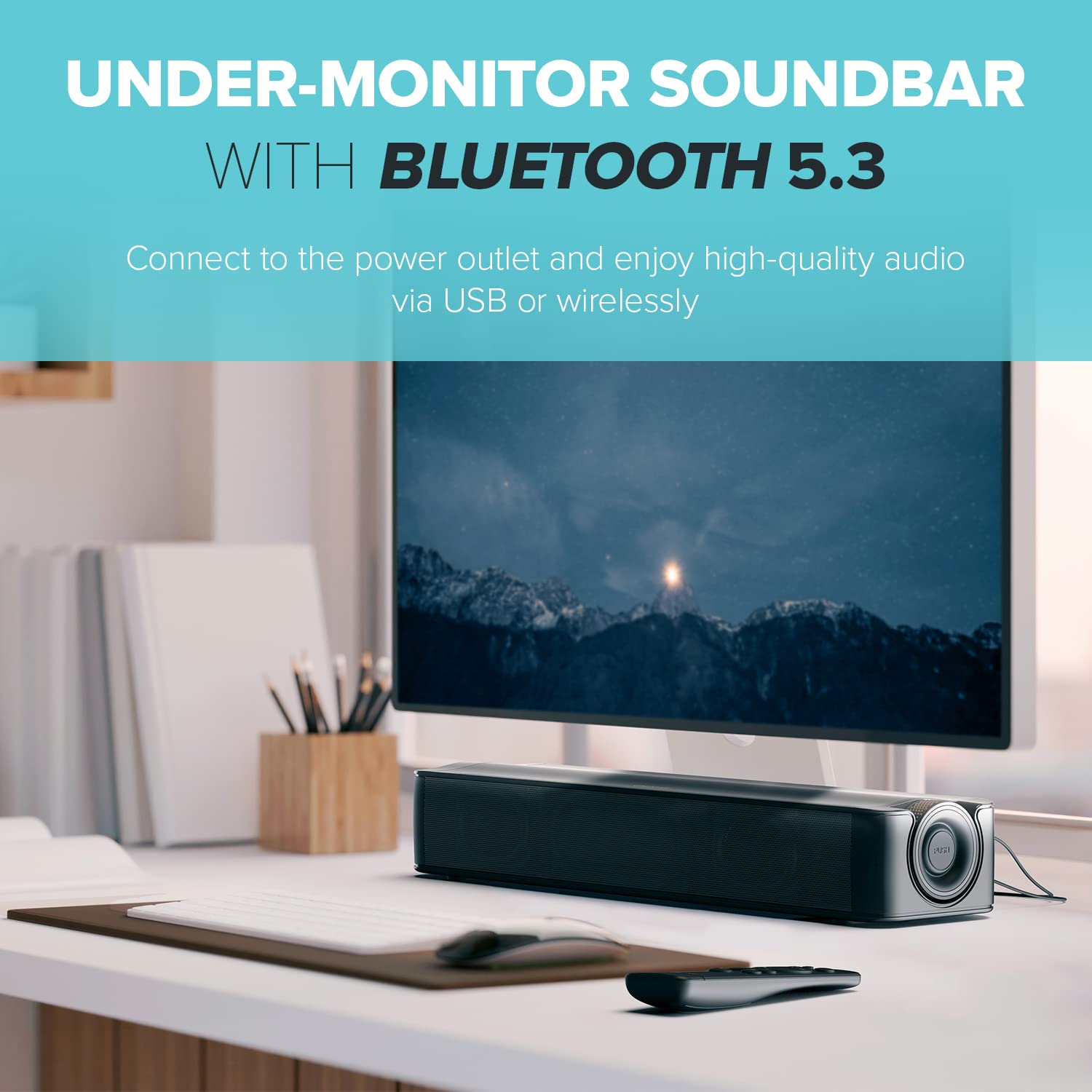 Creative Stage SE 2.0 Bluetooth sound bar black finish complements modern workspaces