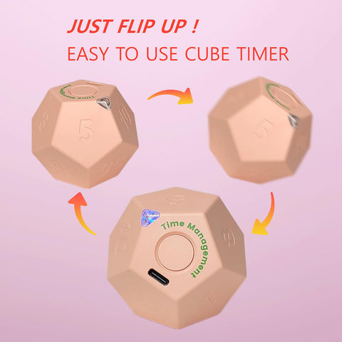 CreaViva Cube Timer in rose pink, top view, quick preset access for class tasks.