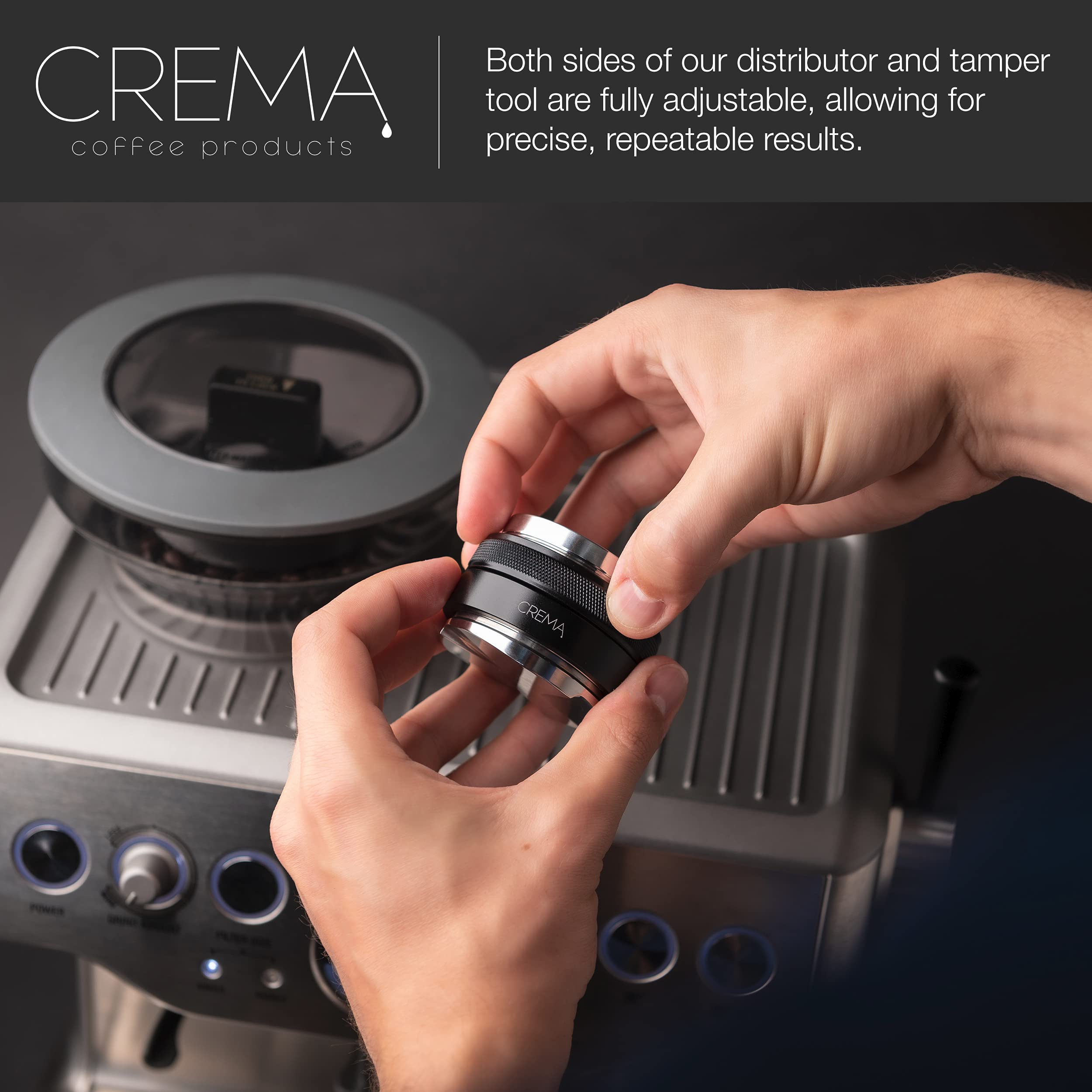 CREMA depth-adjustable tamper detail for controlled pressure.