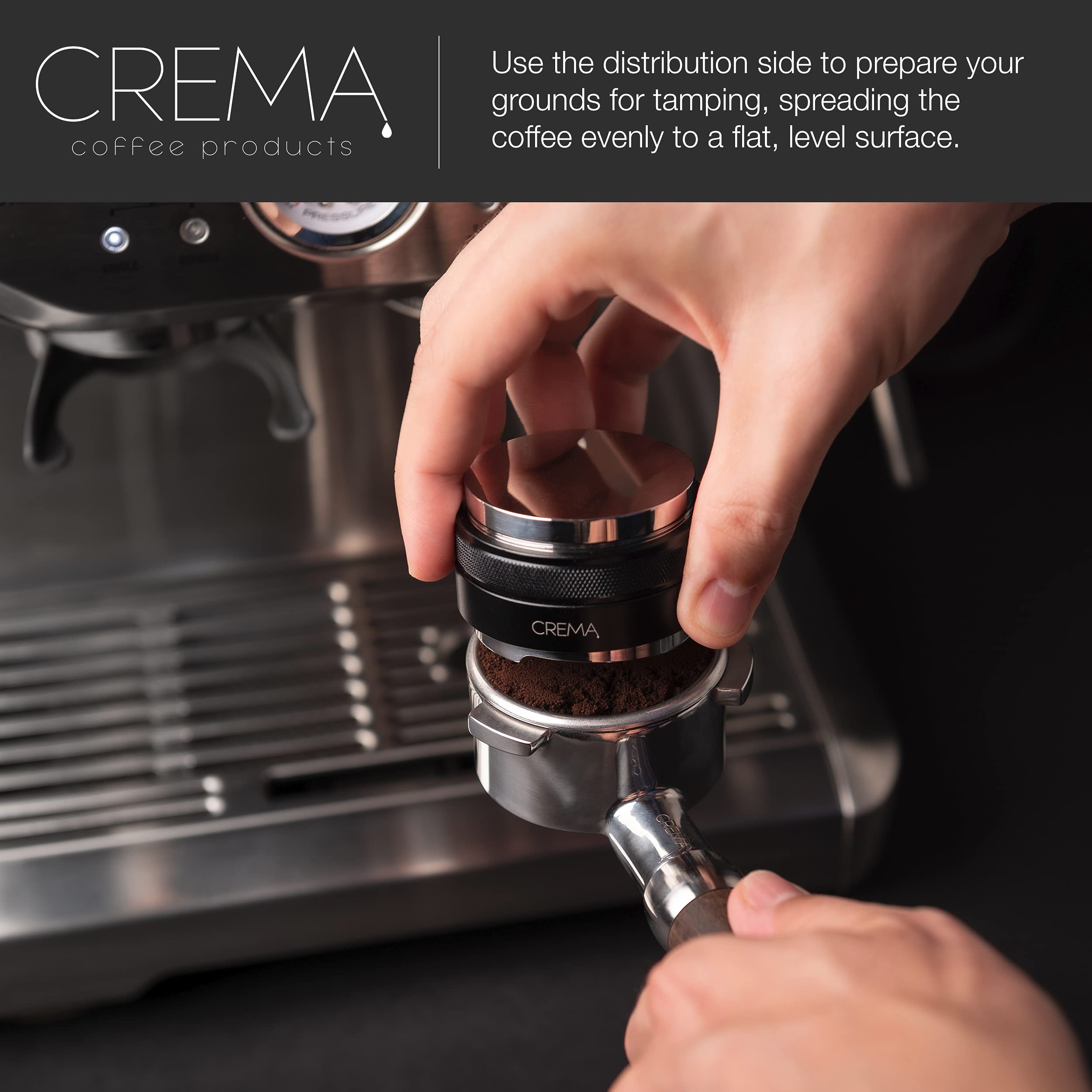CREMA heavy-duty 304 stainless steel base, durable espresso tool.