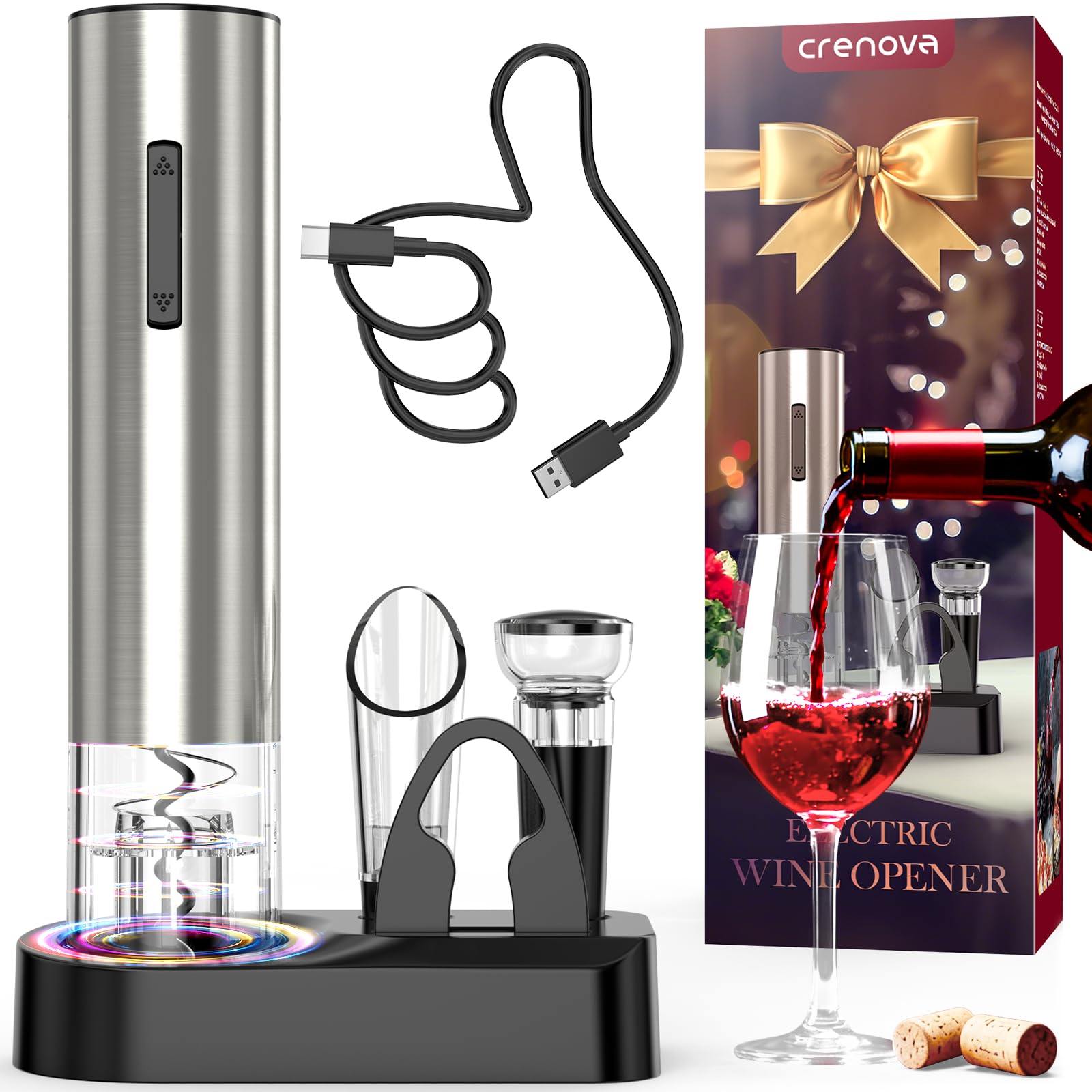 Crenova wine opener with bottle-opening-action shows effortless cork removal.