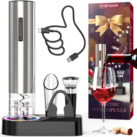 Crenova wine opener with bottle-opening-action shows effortless cork removal.