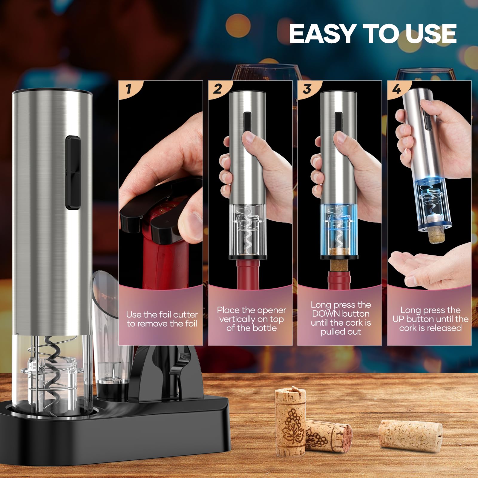 Crenova wine opener-in-use-celebration captures festive gifting potential.