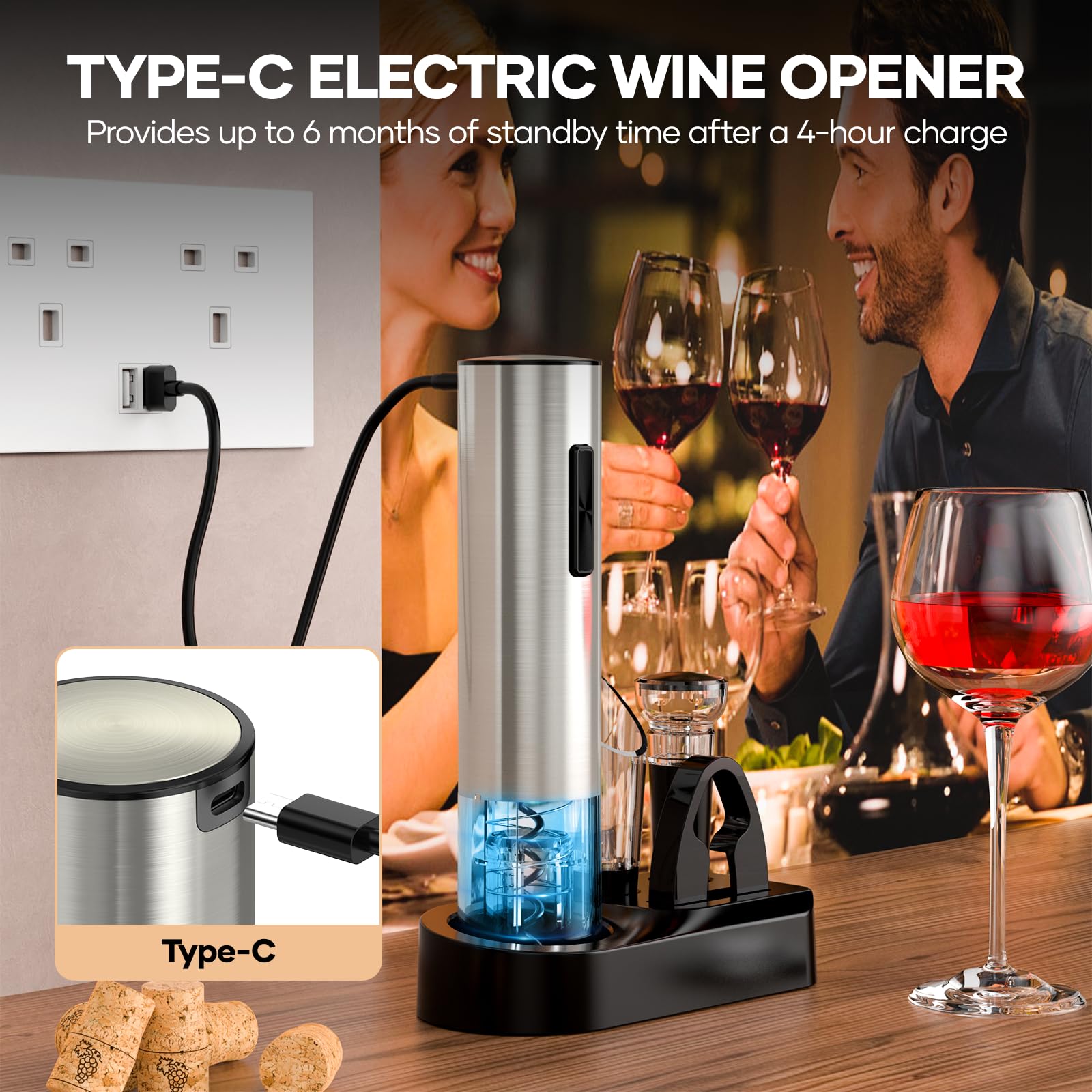 Crenova wine opener charging port highlights its rechargeable efficiency.
