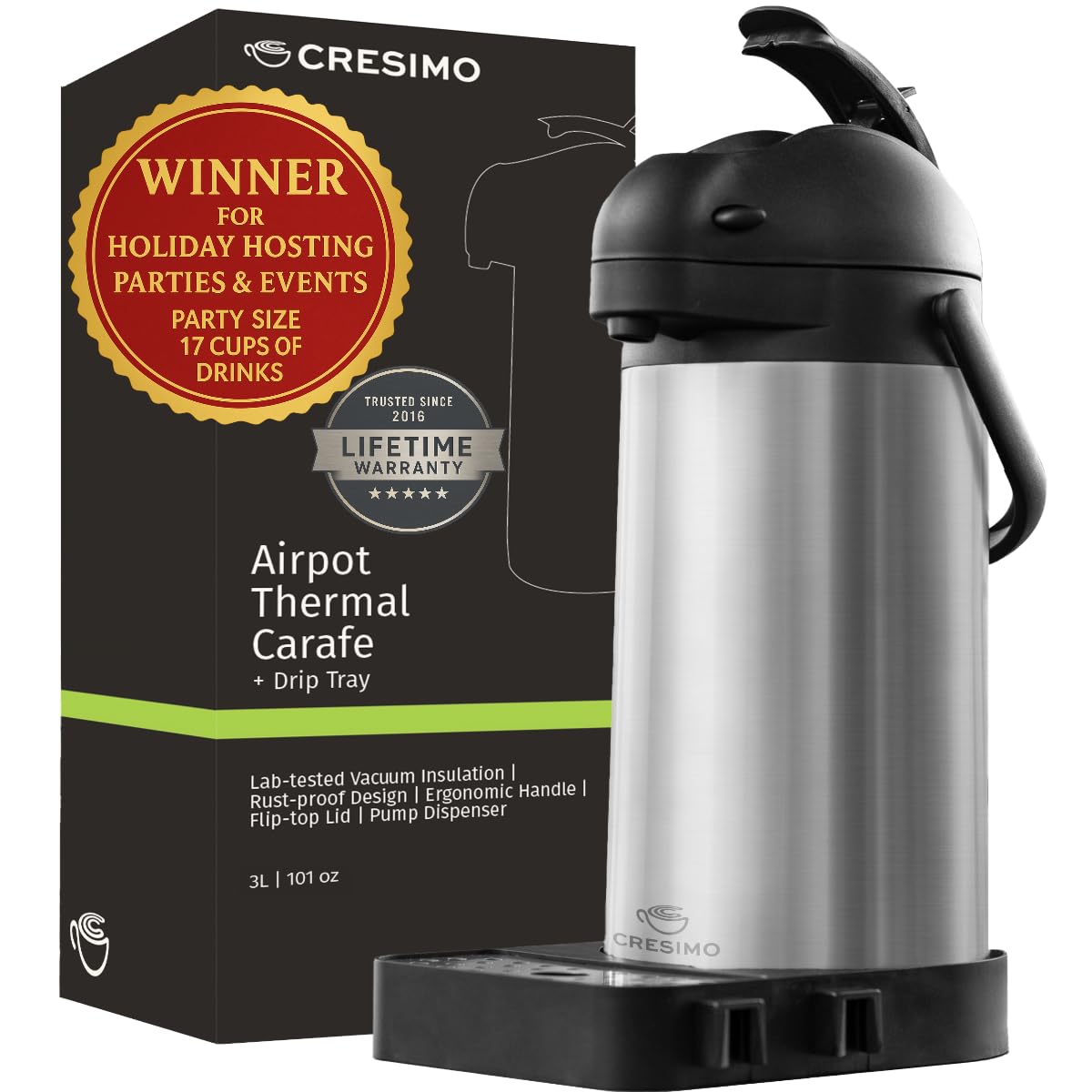 Cresimo airpot coffee dispenser with pump keeps coffee hot and ready
