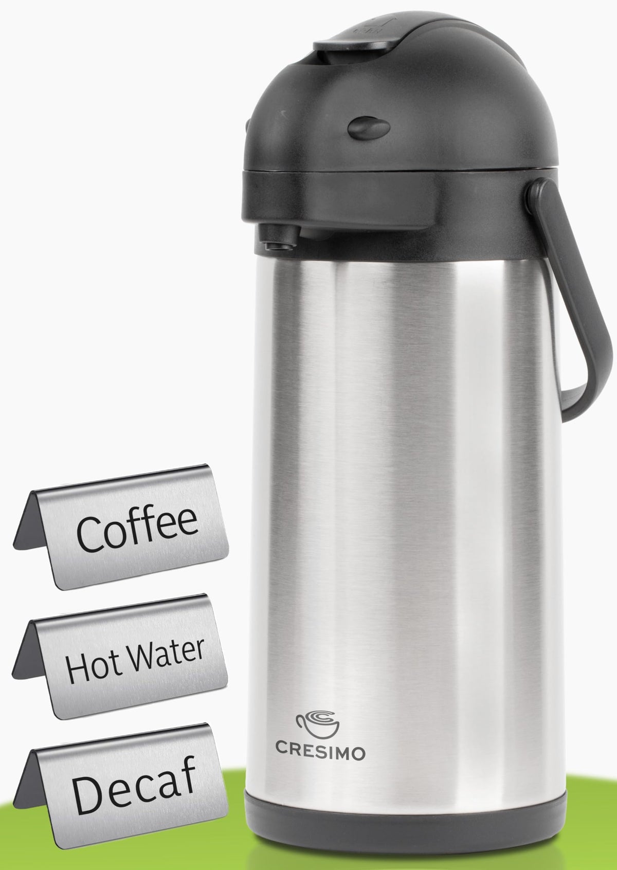 Cresimo coffee airpot front view with pump for quick, mess-free serving.