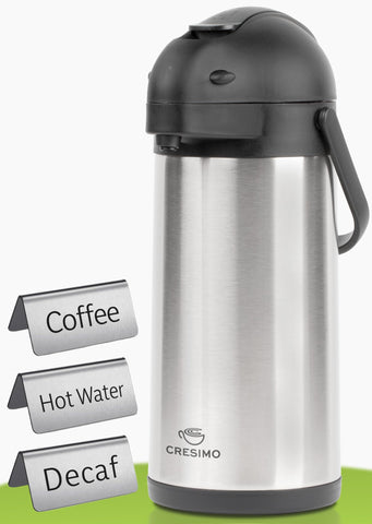 Cresimo coffee airpot front view with pump for quick, mess-free serving.