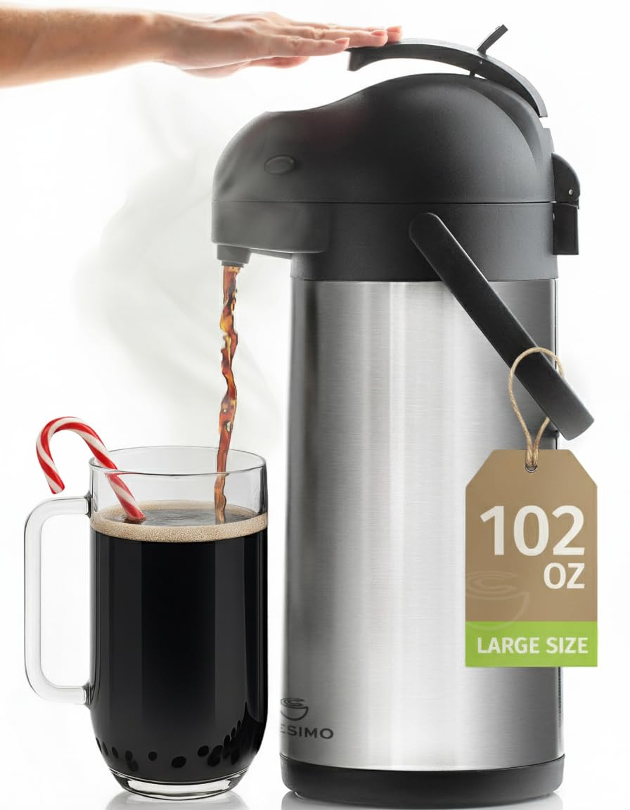 Cresimo coffee carafe with pump in action for easy 102oz pours.