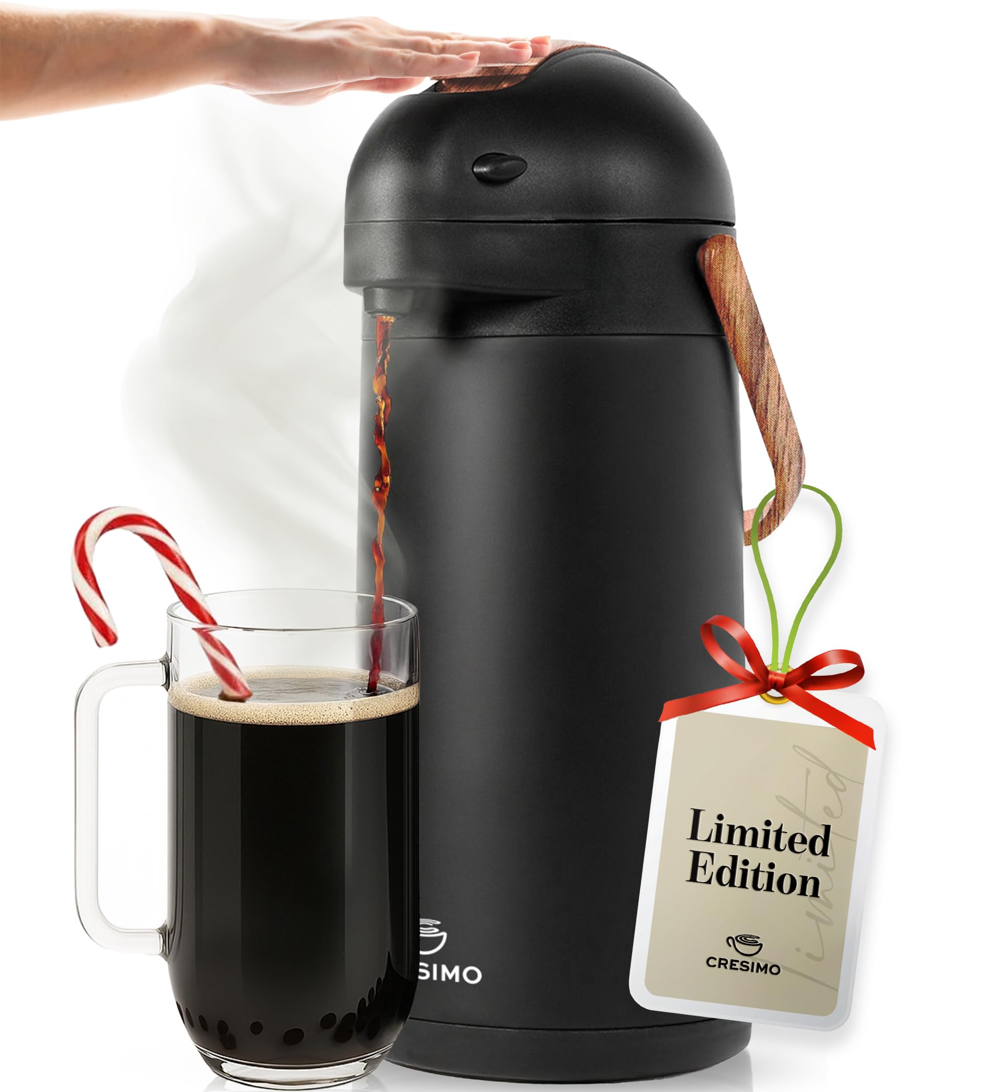 CRESIMO thermal coffee carafe with wood trim pour spout for easy serving