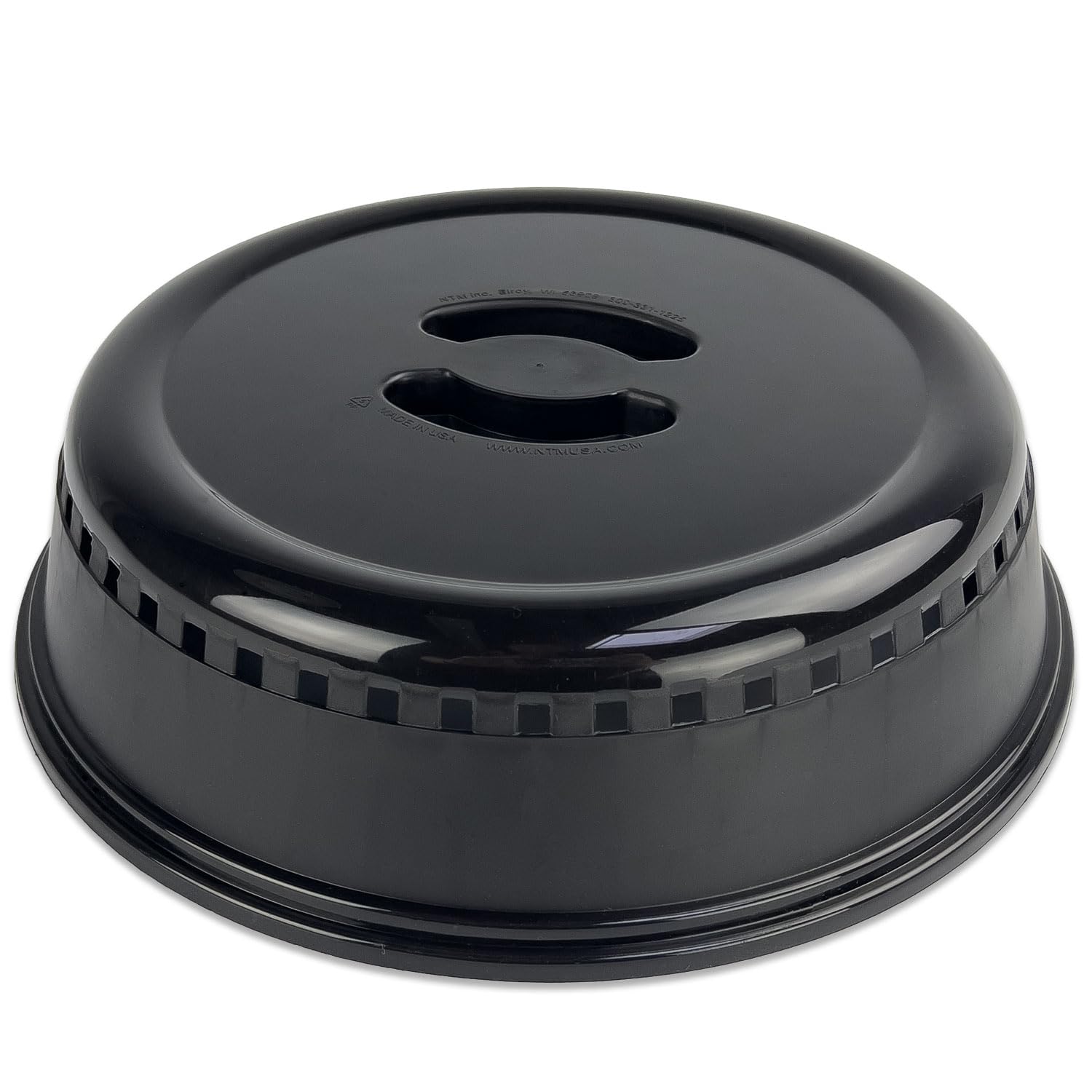 Crisp black microwave splatter cover lid on plate to prevent splashes and mess.