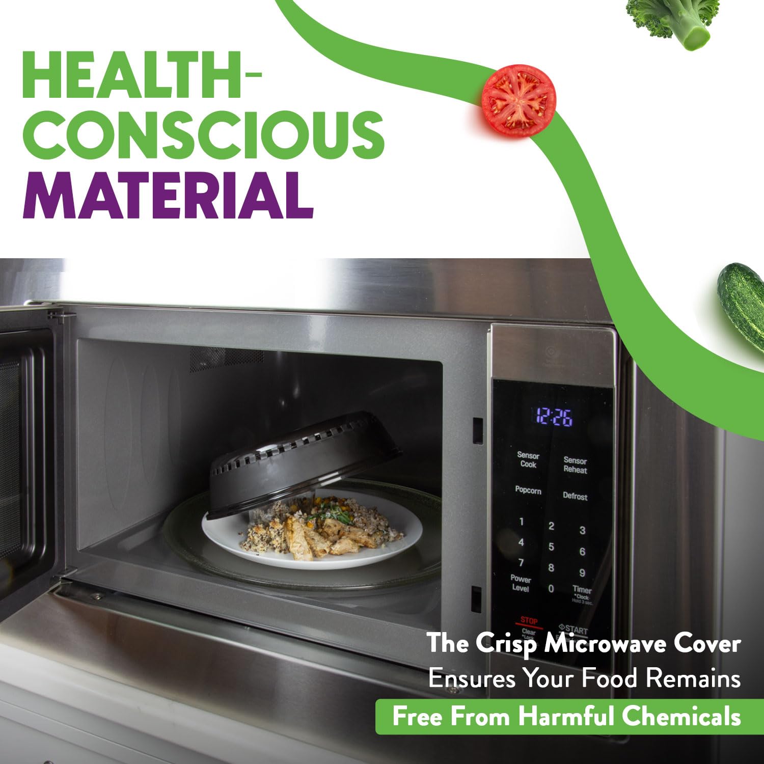 Crisp easy-clean microwave cover demonstrated as dishwasher-safe for convenience.