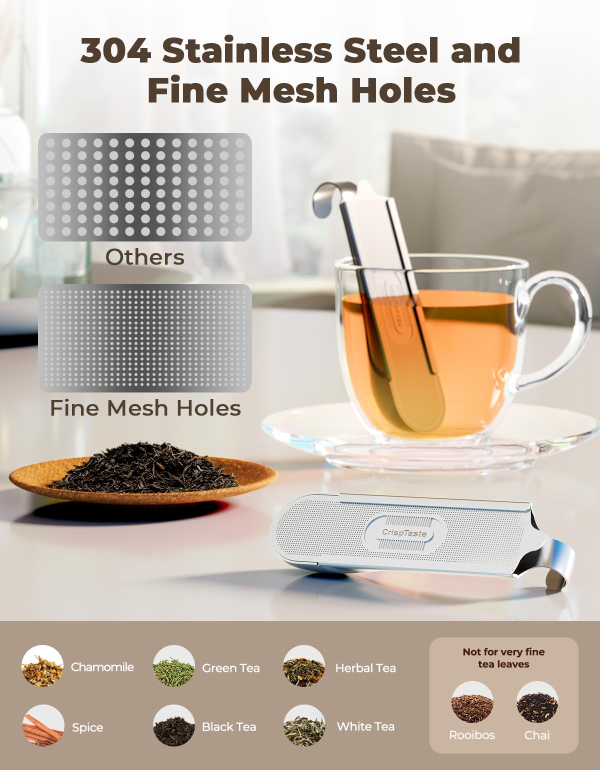 CrispTaste loose leaf tea diffuser for single cup brewing with expanded leaf space